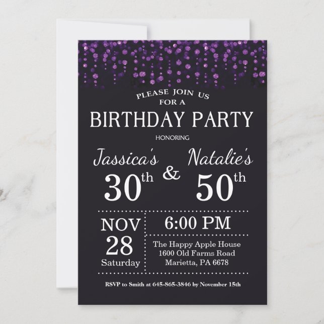 Invitación Purpurina púrpura del partido de cumpleaños conjun (Anverso)