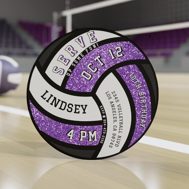 Invitación Purpurina púrpura del partido de cumpleaños de vol (Volleyball Birthday Party Purple Glitter Invitation
)