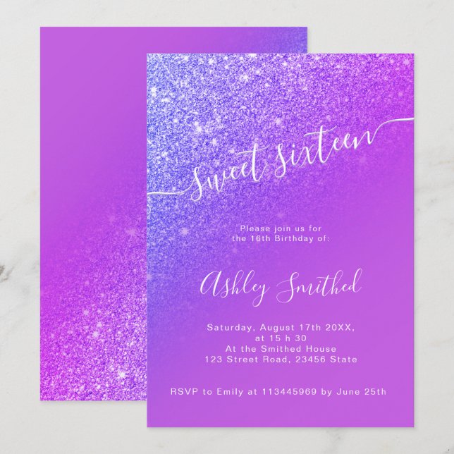 Invitación Purpurina púrpura escritura de moda oscura brillan (Anverso / Reverso)