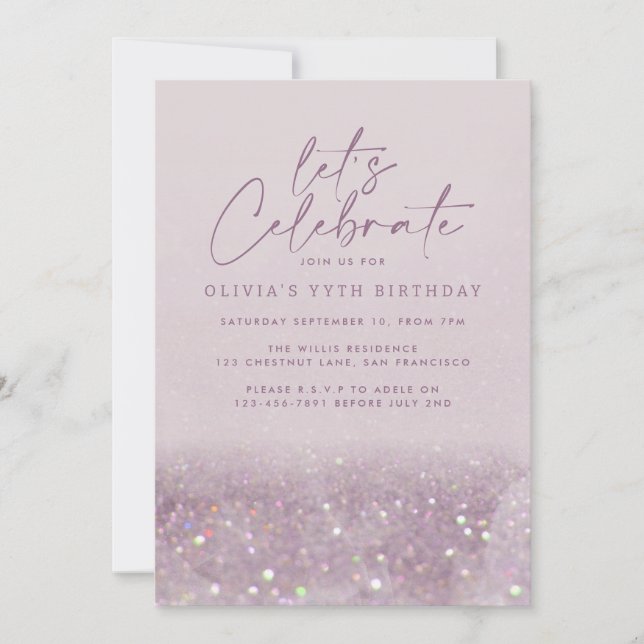 Invitación Purpurina púrpura Lilac elegante cumpleaños único (Anverso)