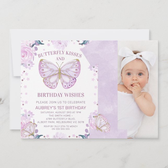 Invitación Purpurina púrpura mariposa foto besa primer cumple (Anverso)