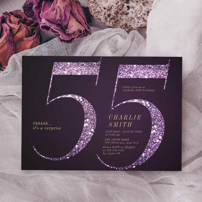 Invitación Purpurina púrpura minimalista moderno 55 años (Modern minimalist purple glitter 55th birthday invitation)