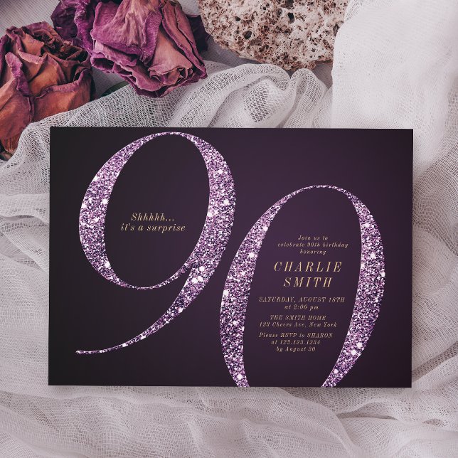 Invitación Purpurina púrpura minimalista moderno 90 años (Modern minimalist purple glitter 90th birthday invitation)