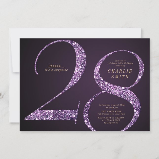 Invitación Purpurina púrpura minimalista moderno de 28 años (Anverso)