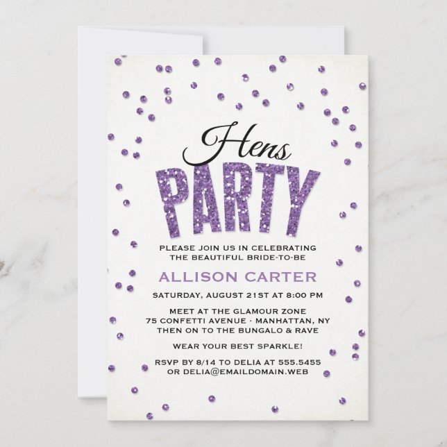Invitación Purpurina púrpura Mira Fiesta Confetti Hens (Anverso)