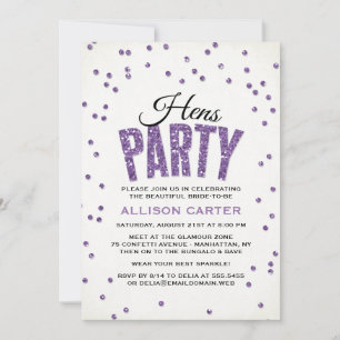 Invitación Purpurina púrpura Mira Fiesta Confetti Hens