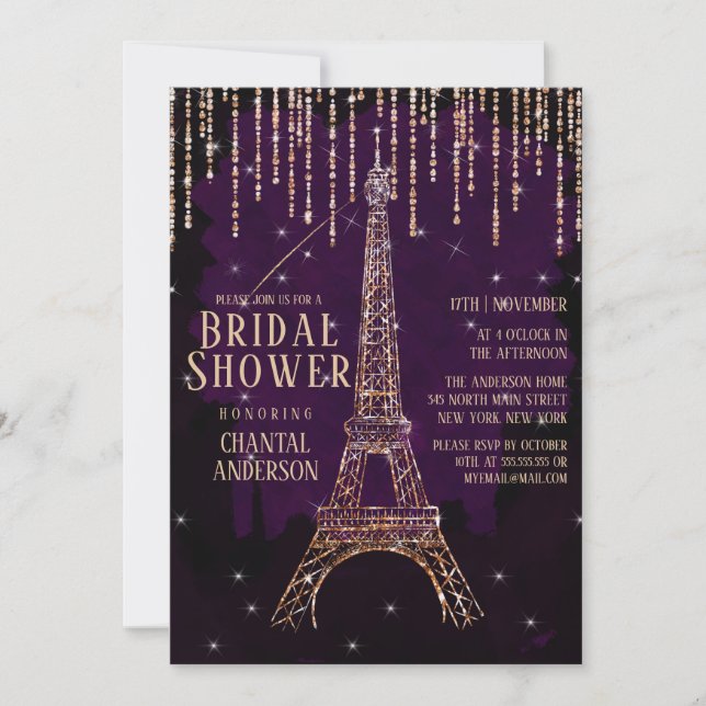 Invitación Purpurina Púrpura Paris Torre Eiffel Ducha de Novi (Anverso)