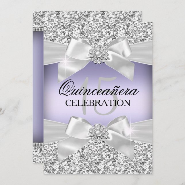 Invitación Purpurina Púrpura Plata Jewel Bow Quinceanera (Anverso / Reverso)