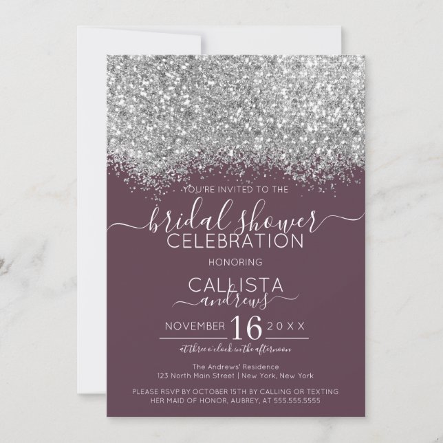 Invitación Purpurina púrpura plateado Confetti Bridal Shower (Anverso)