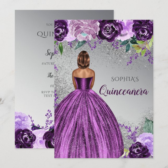 Invitación Purpurina Púrpura Plateado Vestido Quinceañera Qui (Anverso / Reverso)