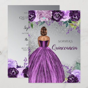 Invitación Purpurina Púrpura Plateado Vestido Quinceañera Qui