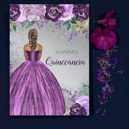 Invitación Purpurina púrpura plateado Vestido Quinceañera Qui