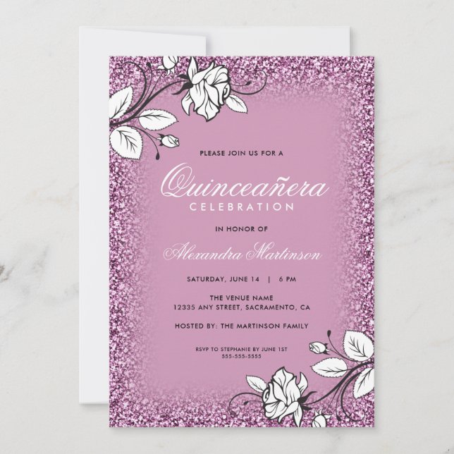 Invitación Purpurina púrpura Quinceanera Rosas Blancas (Anverso)