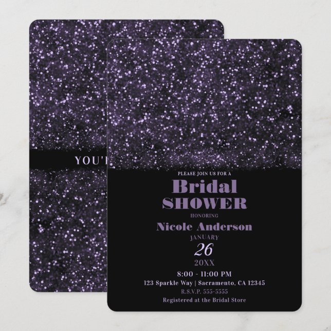 Invitación Purpurina púrpura resplandeciente luz de novia duc (Anverso / Reverso)