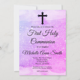 Invitación Purpurina Púrpura Rosa Chica Primera Santa Comunió