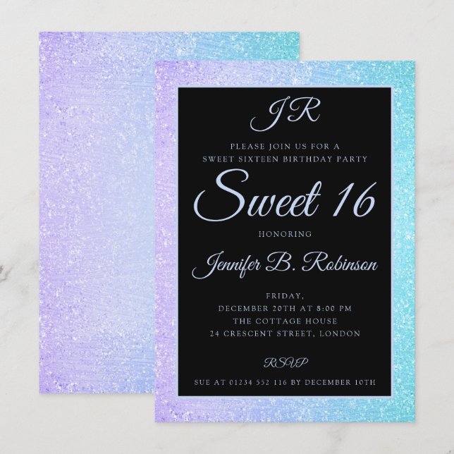 Invitación Purpurina púrpura verde azulado dulce 16 Monograma (Anverso / Reverso)