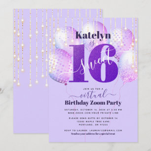 Invitación Purpurina púrpura virtual dulce 16 globos de cumpl