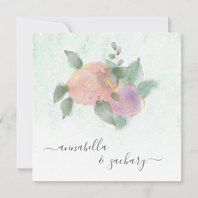 Invitación *~* Purpurina QR RSVP ROSA de Damasco - Boda AR12 (Anverso)