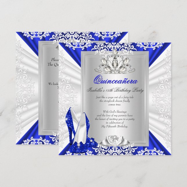Invitación Purpurina Quinceanera 15º cumpleaños Royal Blue He (Anverso / Reverso)