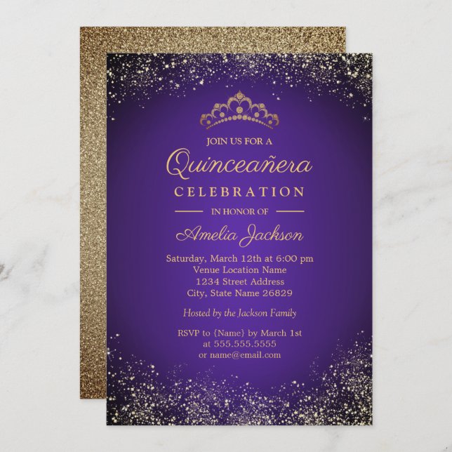 Invitación Purpurina Quinceanera 15 de la espuma de oro morad (Anverso / Reverso)