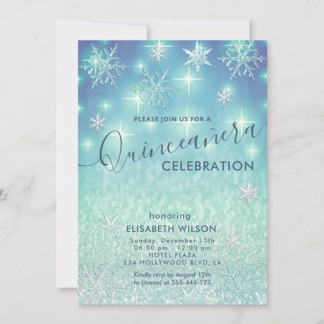 Invitación Purpurina Quinceañera de copos de nieve de inviern (Anverso)