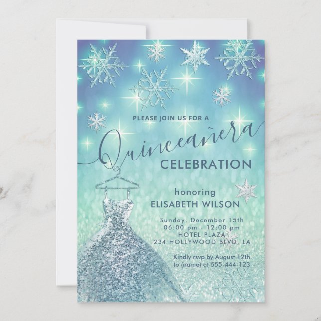 Invitación Purpurina Quinceañera de copos de nieve de inviern (Anverso)