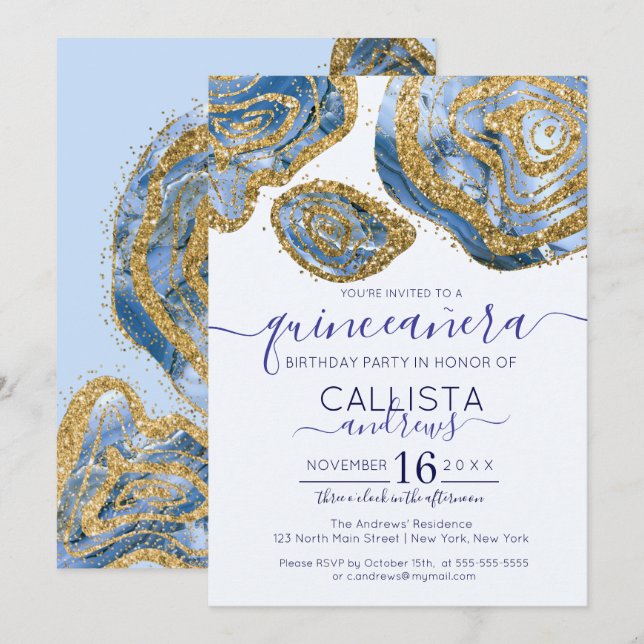 Invitación Purpurina Quinceañera de Luxury Blue Gold Marble A (Anverso / Reverso)