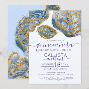 Invitación Purpurina Quinceañera de Luxury Blue Gold Marble A