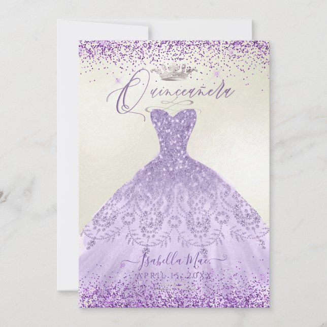 Invitación Purpurina Quinceanera Dusty Purple Silver (Anverso)