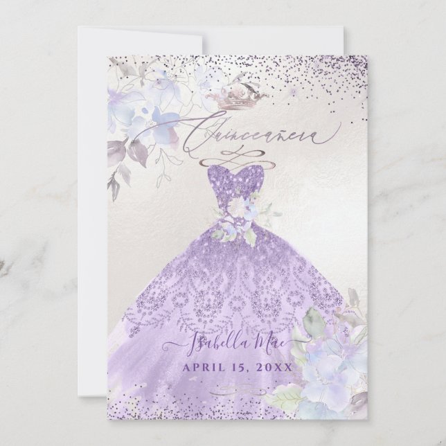 Invitación Purpurina Quinceanera Lilac Morado Gown (Anverso)