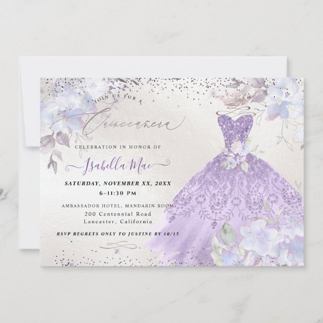 Invitación Purpurina Quinceanera Lilac Morado Gown (Anverso)
