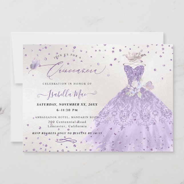 Invitación Purpurina Quinceanera Lilac Morado Gown (Anverso)