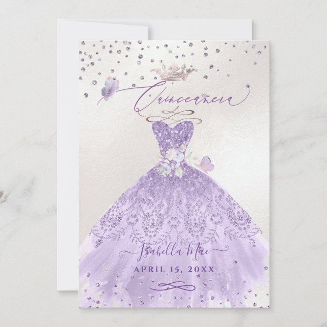Invitación Purpurina Quinceanera Lilac Morado Gown (Anverso)