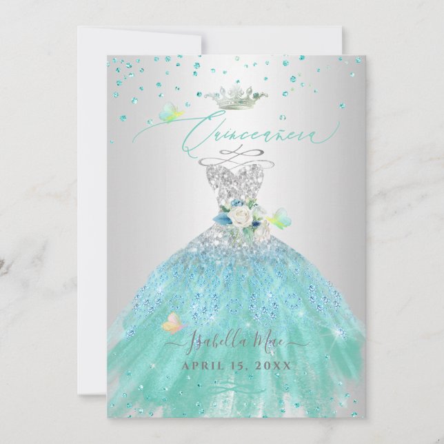 Invitación Purpurina Quinceanera Silver Turquoise Gown (Anverso)