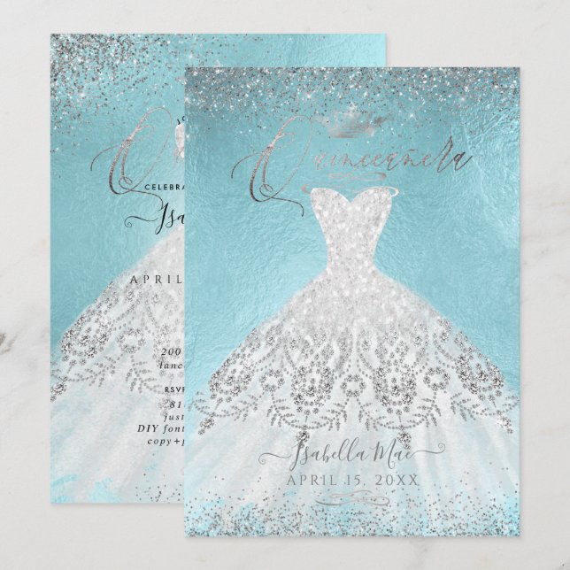 Invitación Purpurina Quinceanera Silver vestido, azul DIY (Anverso / Reverso)
