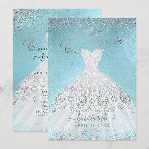 Invitación Purpurina Quinceanera Silver vestido, azul DIY