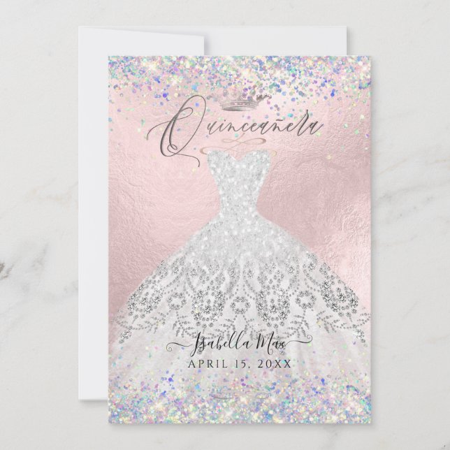 Invitación Purpurina Quinceanera White Gold Dust (Anverso)