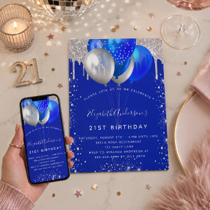 Invitación Purpurina real azul plateado gotea globos por cump