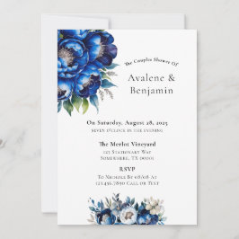 Invitación Purpurina real azul y plateado Peony Couples Showe