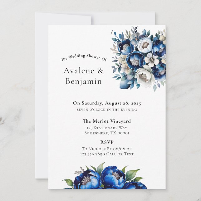 Invitación Purpurina real azul y plateado Peony Wedding Showe (Anverso)