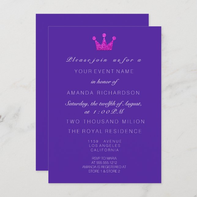 Invitación Purpurina Real de Cobalto Púrpura RosaCrown 16ª No (Anverso / Reverso)