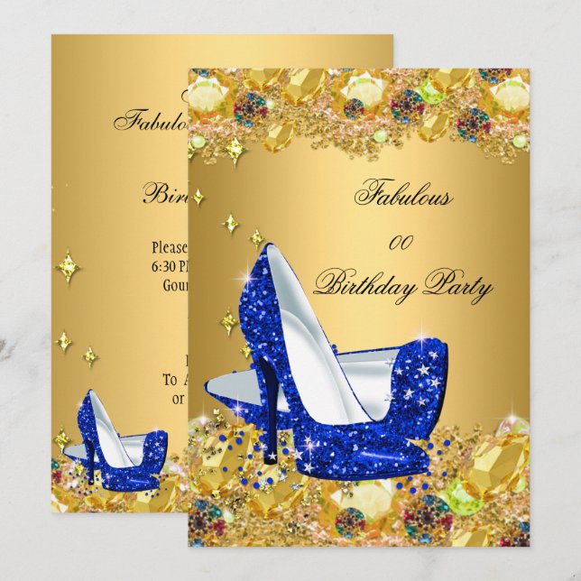 Invitación Purpurina real de oro azul tacones altos Fiesta fa (Anverso / Reverso)