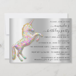 Invitación Purpurina real de oro Unicorn Plata rosa