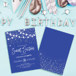 Invitación Purpurina real de plata azul esparkles luces dulce<br><div class="desc">Esta majestuosa y glamorosa y dulce invitación para 16 cumpleaños es perfecta para la muchacha. Cuenta con hilos brillantes de luz colgante encima de un falso purpurina de color brillante de plata impreso en un fondo azul real inspirado en estrellas en el cielo nocturno. Es bonito, moda, moderna, moderna y...</div>