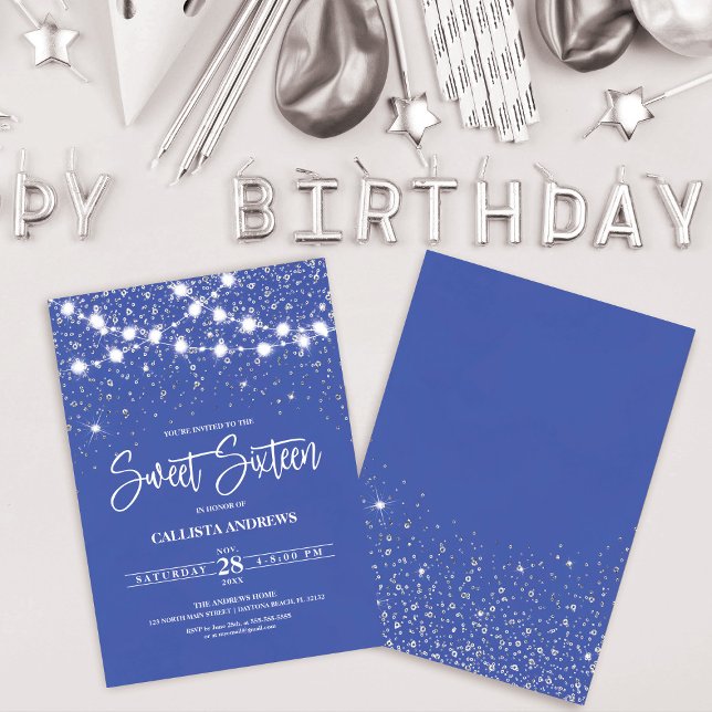 Invitación Purpurina real de plata azul esparkles luces dulce (Subido por el creador)