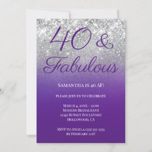 Invitación Purpurina Real Morado Plateado Ombre 40 y Fabuloso