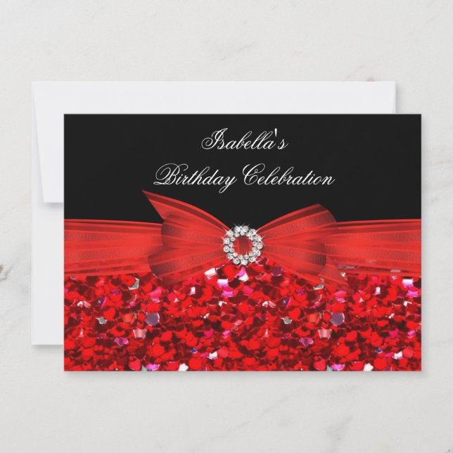 Invitación Purpurina Red Diamond Bow Black Birday Party (Anverso)