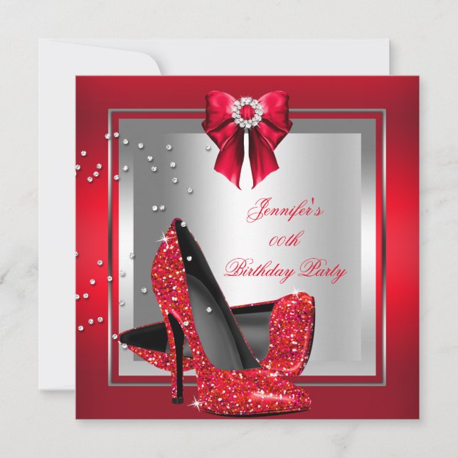 Invitación Purpurina Red High Heel Shoel Silver fiesta de cum (Anverso)