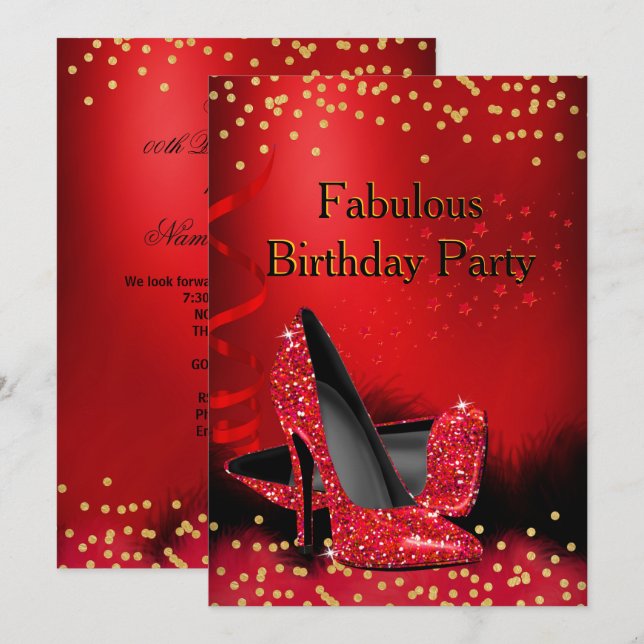Invitación Purpurina Red High Heels Birday Party Gold Black (Anverso / Reverso)
