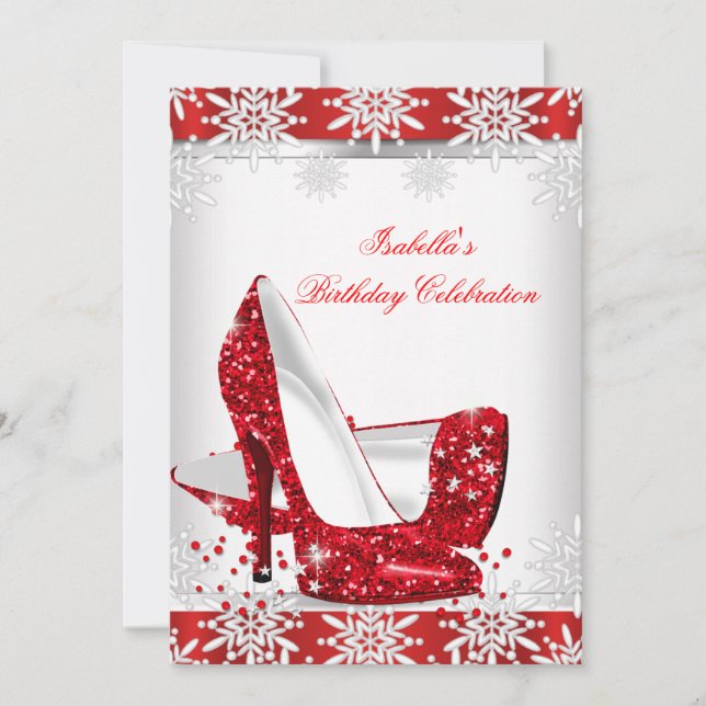 Invitación Purpurina Red High Heels White Snowflakes Cumpleañ (Anverso)